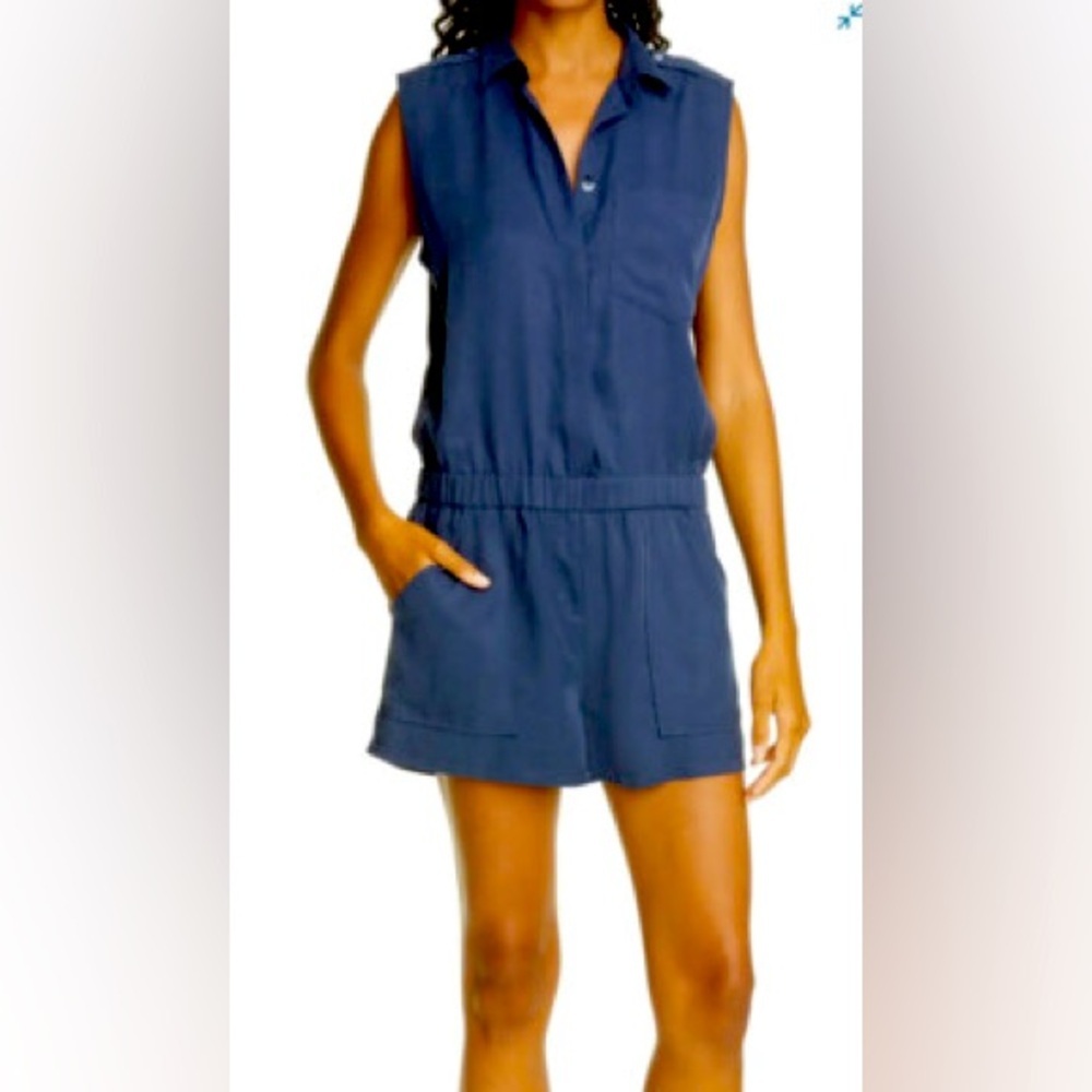 ATM Anthony Thomas Melillo Sleeveless Navy Blue Button-up Romper Sz LG EUC
